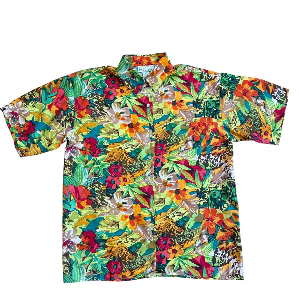 Ivy Club Classics Mens Large 100% Silk Tropical Floral Button Down Shirt Multi